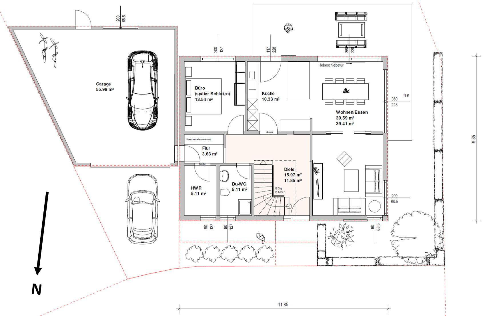 Floor plan of a house with garage, two cars, office, kitchen, living/dining, hallway, utility room, shower/WC, corridor
