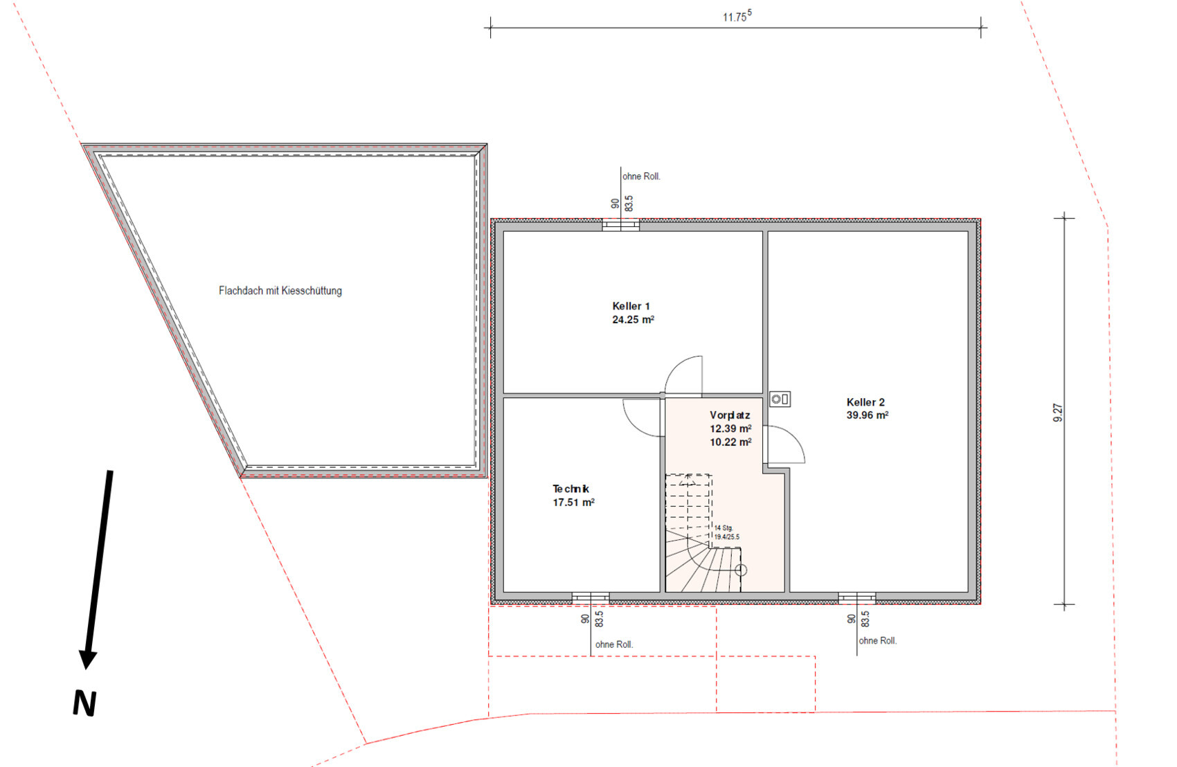 Basement floor plan: basement 1, basement 2, storage cellar, technical room, stairs