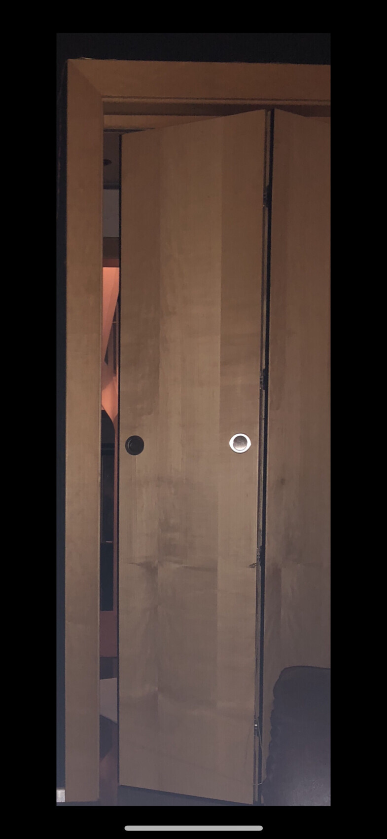 Open wooden doors of a wardrobe in a room, interior visible