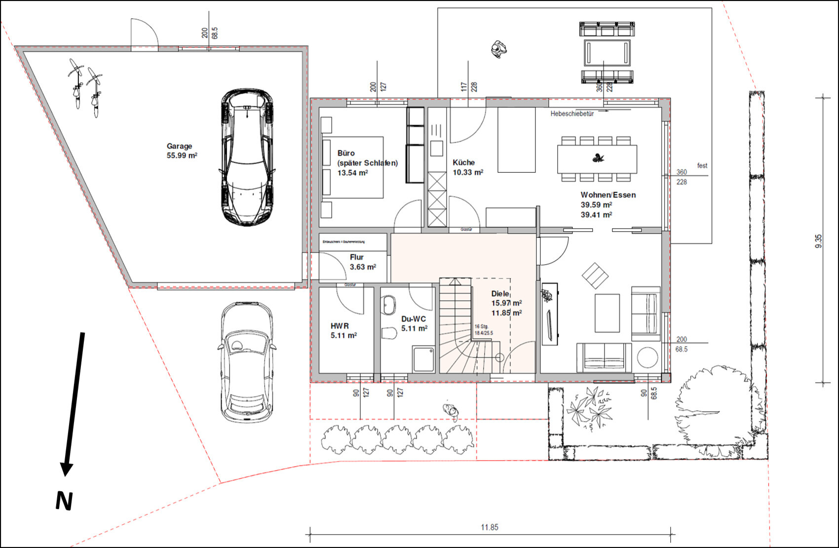 Floor plan of a house: garage, office, kitchen, living room, dining area, hallway, utility room, WC