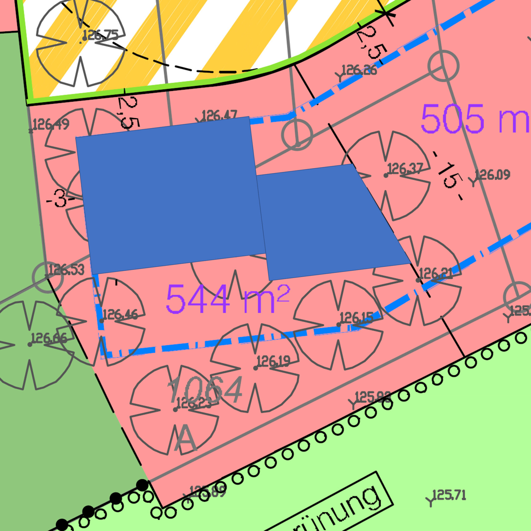 Site plan of a building area: pink area with two blue building footprints, 544 m² (5849 sq ft).