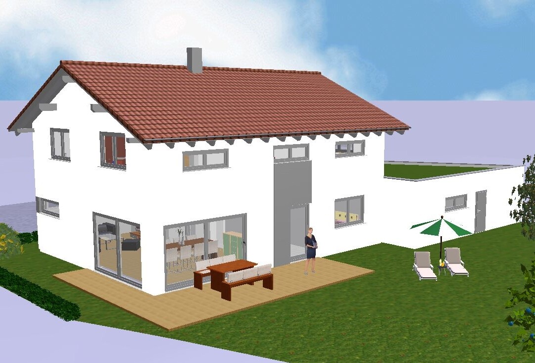 Modern white house with red tiled roof, terrace, garden, lounge chair, parasol, one person.