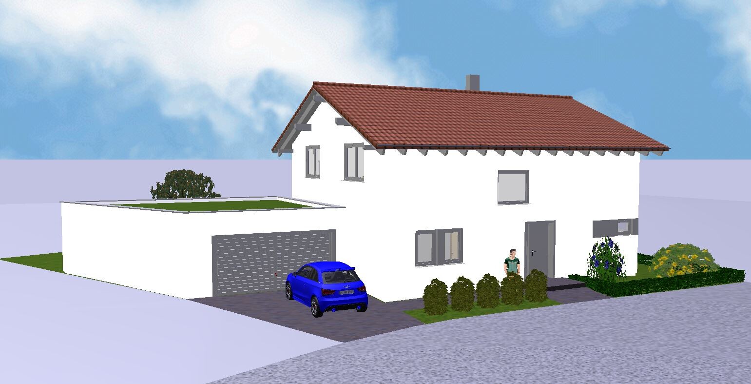 White house with red tiled roof, garage, blue car and person at the entrance.