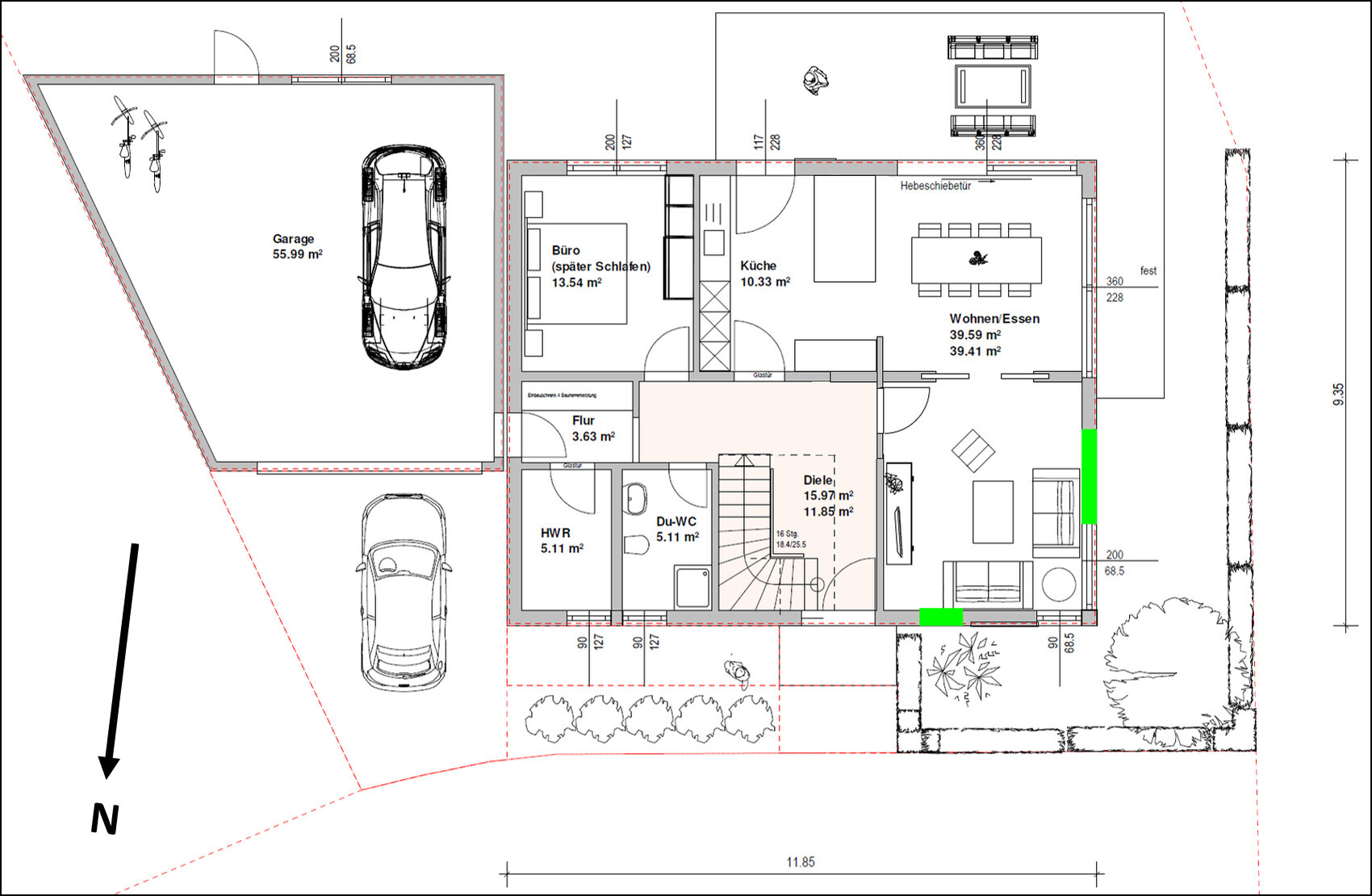 Ground plan of a house: garage left, office, kitchen, living/dining, hall, corridor, utility room, shower-toilet, stairs