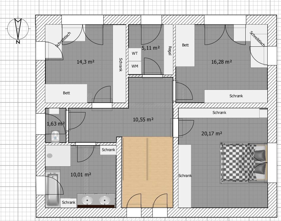 Floor plan of a flat: two bedrooms with beds and wardrobes, bathroom and corridor.