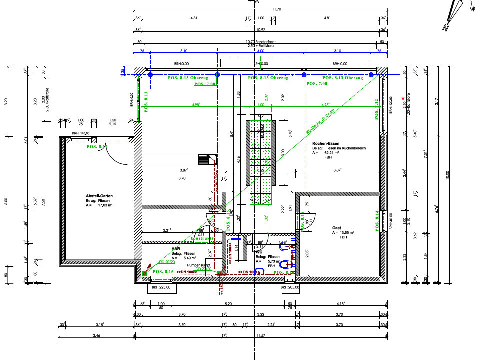 Floor plan of a house: kitchen, dining, guest room, storage, doors, dimensions