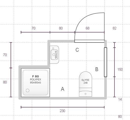2D floor plan of a living area with bathroom and kitchen area, zones A, B, C