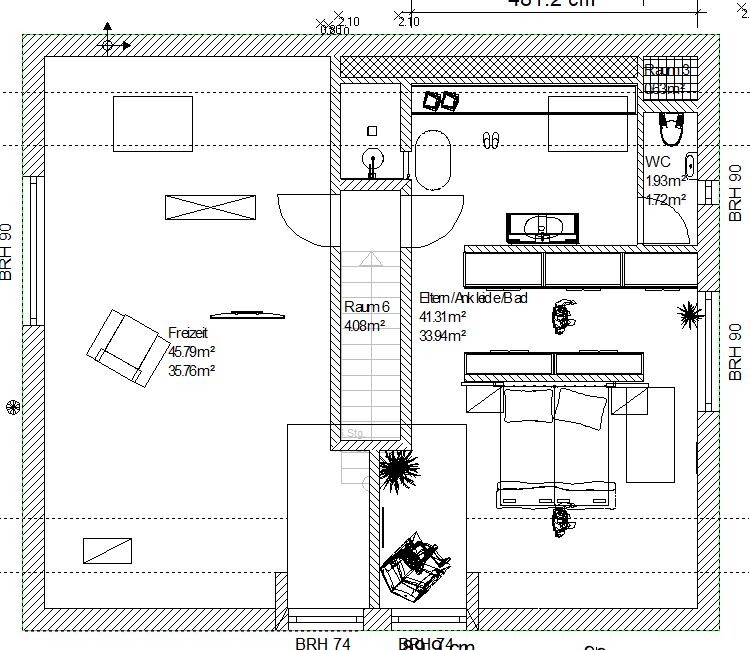 Floor plan of an apartment with living room, master bedroom, kitchen, bathroom, WC, and recreational area