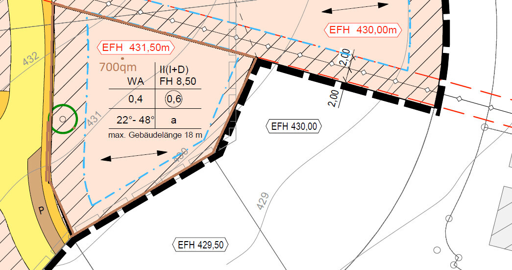 Site plan of a building plot: shaded building zone, setback and dimension lines.