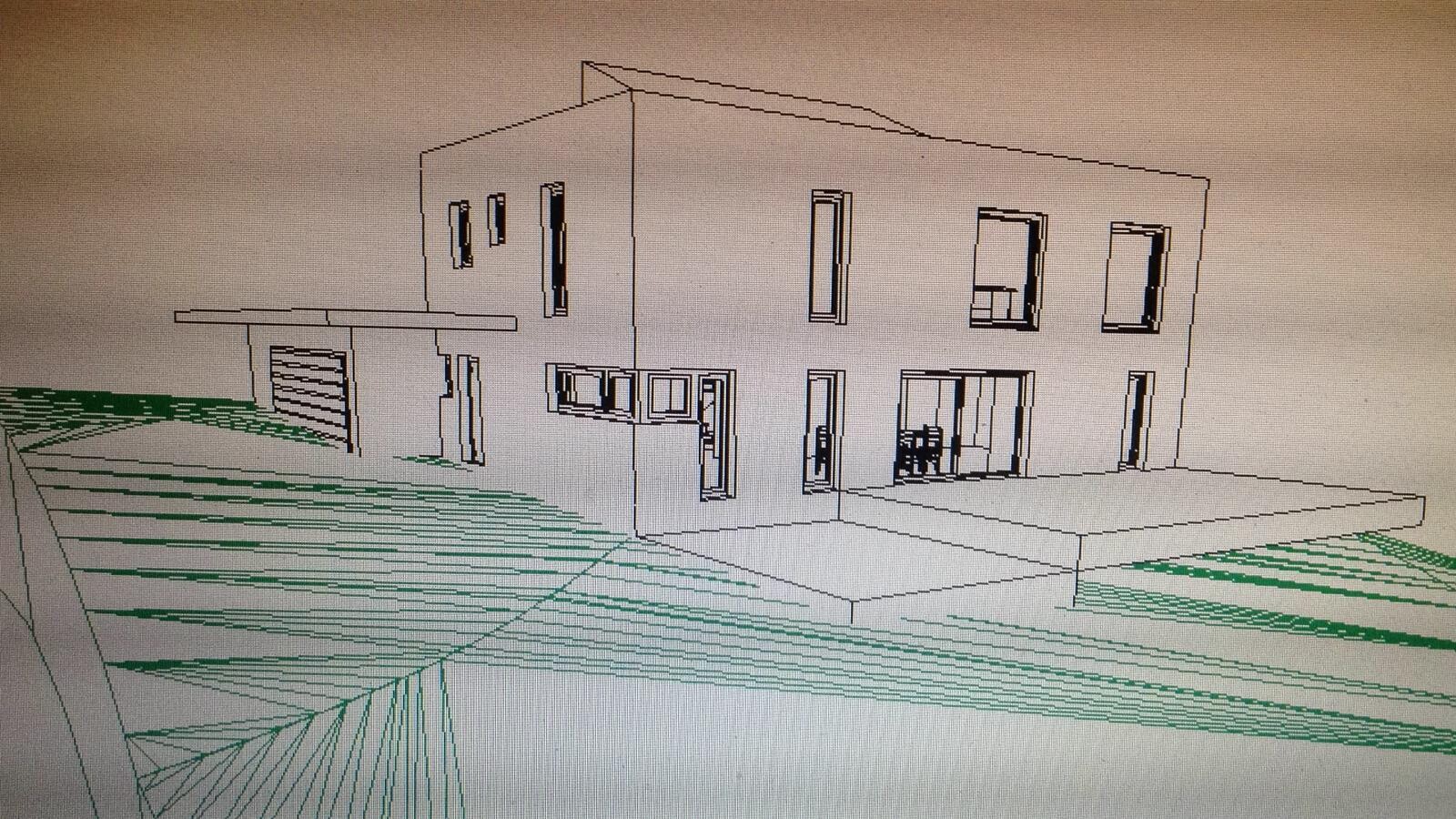 Modern two-story residential house sketch with flat roof, large windows and terrace.