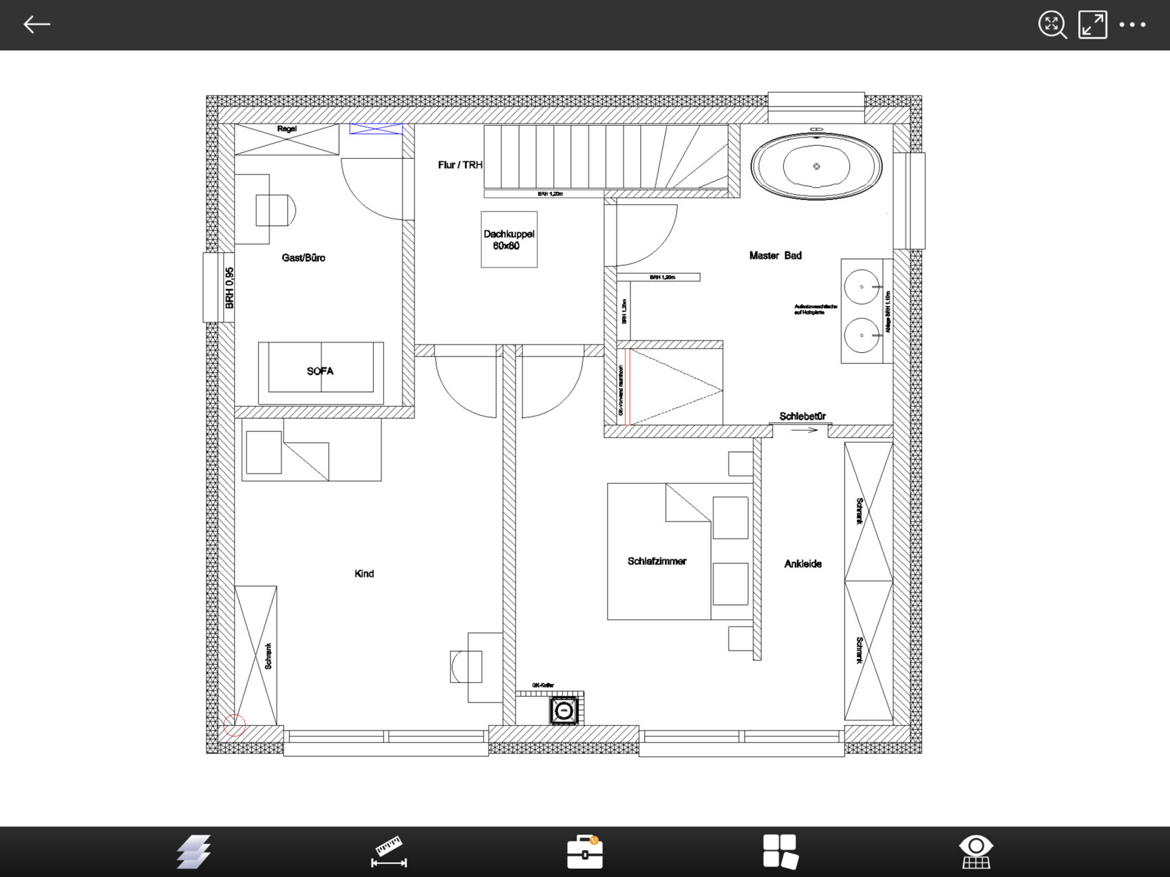 Floor plan of a house with bedroom, walk-in closet, master bathroom, guest/office room, child’s room, hallway, stairs.