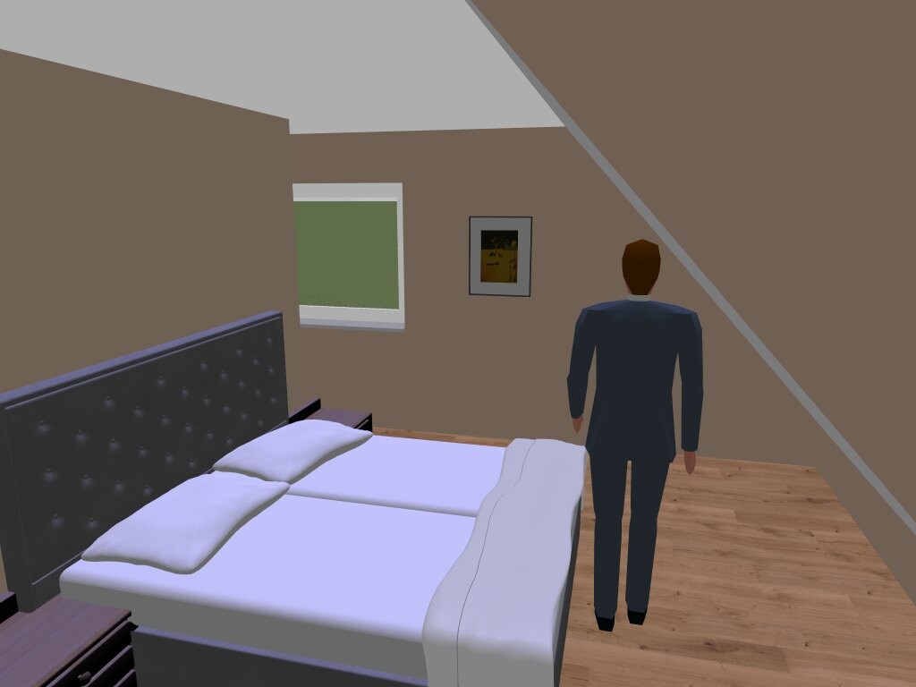 3D bedroom: Man in suit standing by bed with tufted headboard, window, and picture on the wall