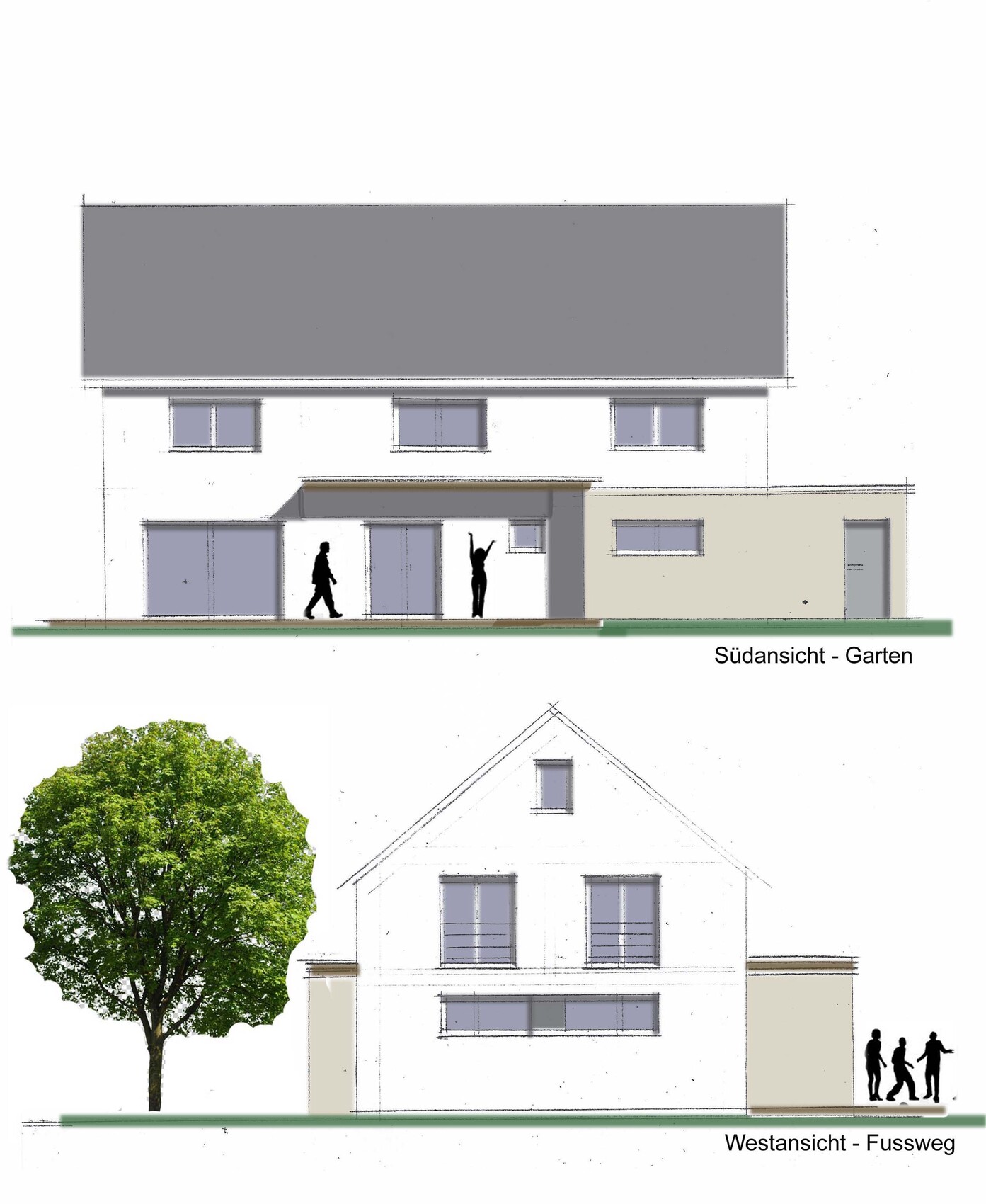 Two house elevations: south view with garden, west view with footpath and tree