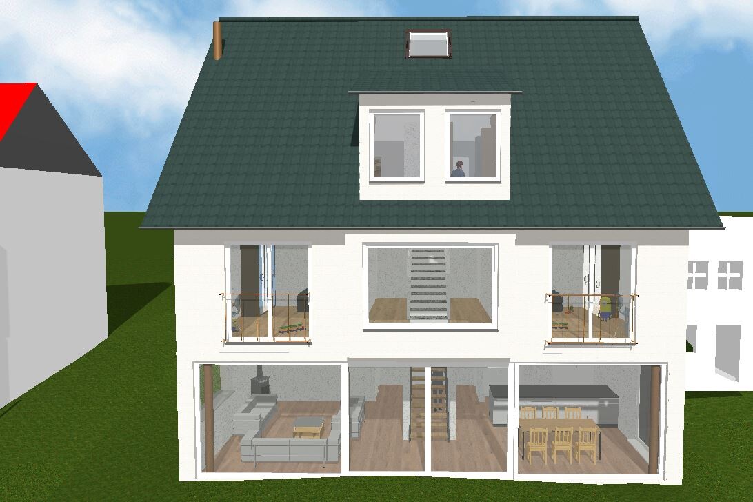 Multi-story house with green gabled roof and large glass fronts; ground and upper floors visible.