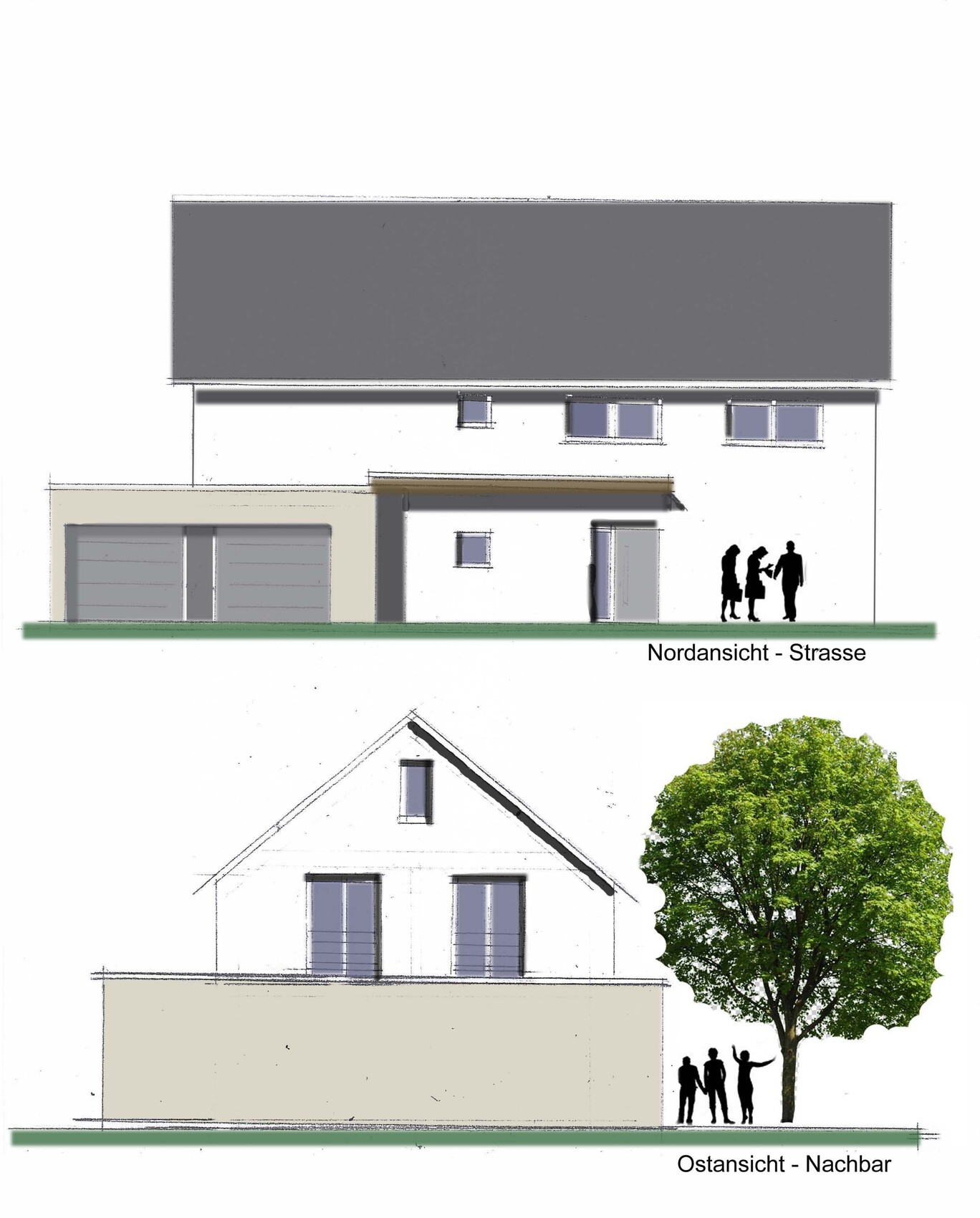 Modern single-family house views: north and east view with tree and passersby