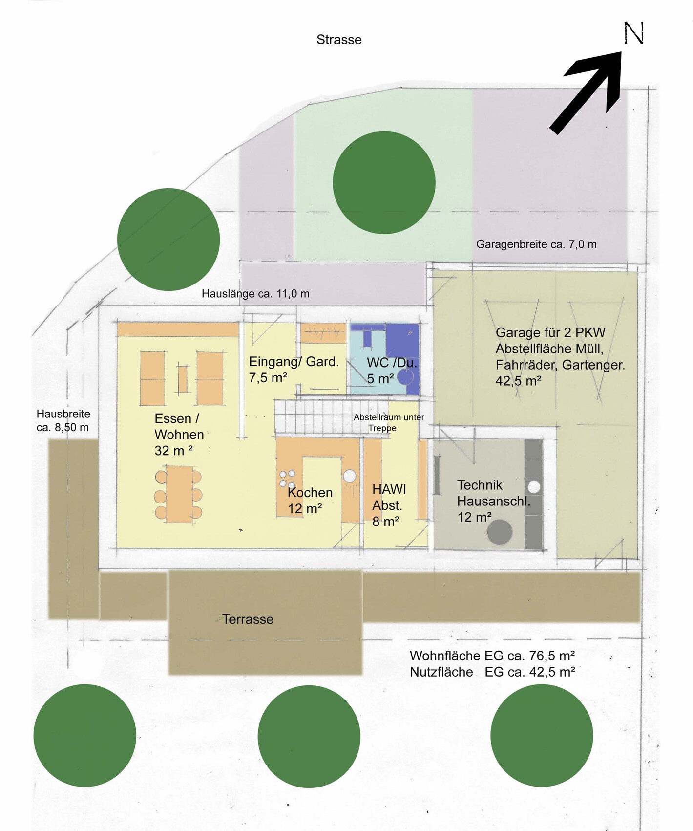 2D floor plan of a single-family house with terrace, garden and garage
