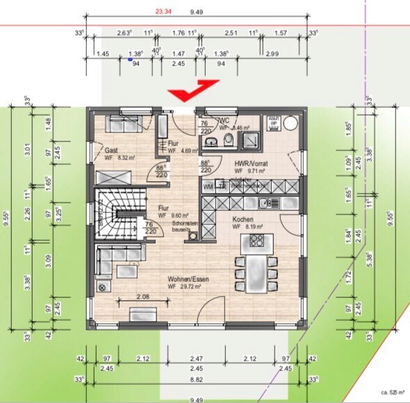 Grundriss eines Hauses mit Wohnen/Essen, Küche, Gastzimmer, Flur, WC, HWR/Vorrat