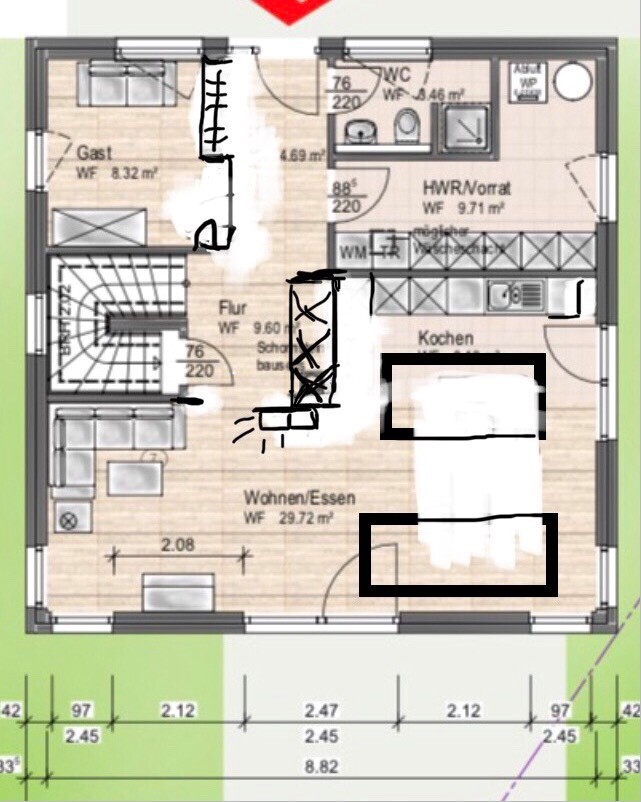 Grundriss eines Hauses: offenes Wohnen/Essen, Küche, Gastzimmer, Flur, HWR, Treppe