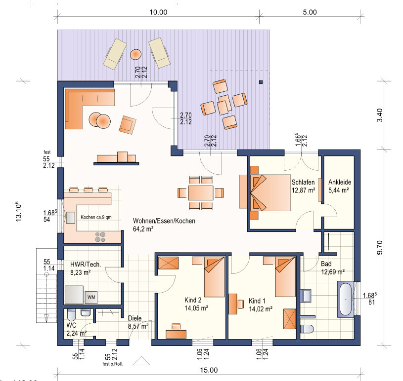 Floor plan of a house with living/dining area, kitchen, bedroom, children’s room, bathroom, and terrace