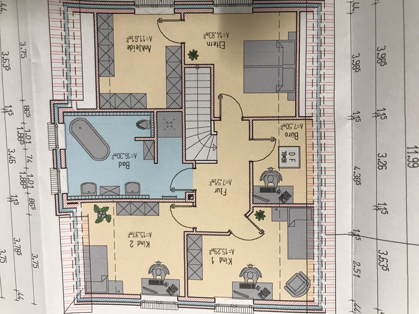 Colored floor plan of a house with staircase, kitchen, bathroom, living room and bedroom
