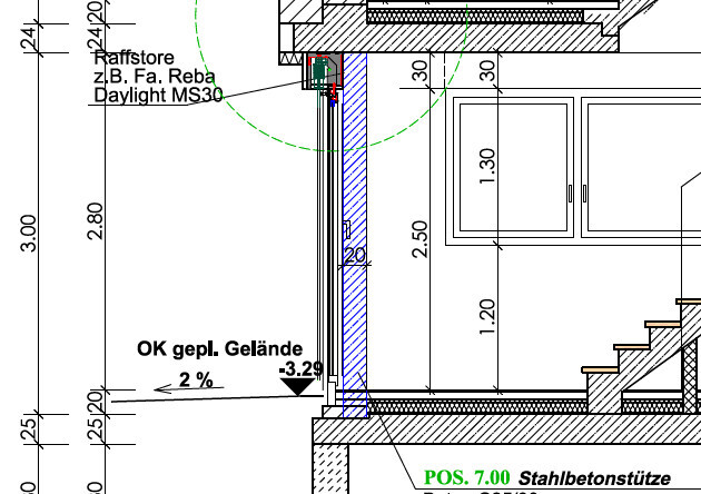 Detailplan: Stahlbetonstütze, Fensterfront Raffstore, Treppe, Rollladenkasten, Maße