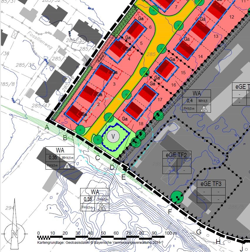 Detailed development plan with plot boundaries, house floor plans and streets