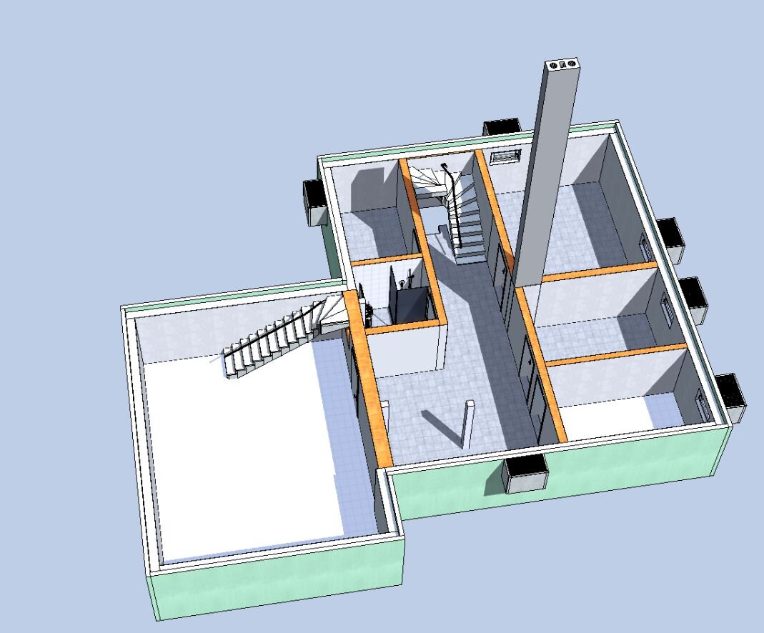 3D floor plan of a house with staircase, multiple rooms and corridor, top view