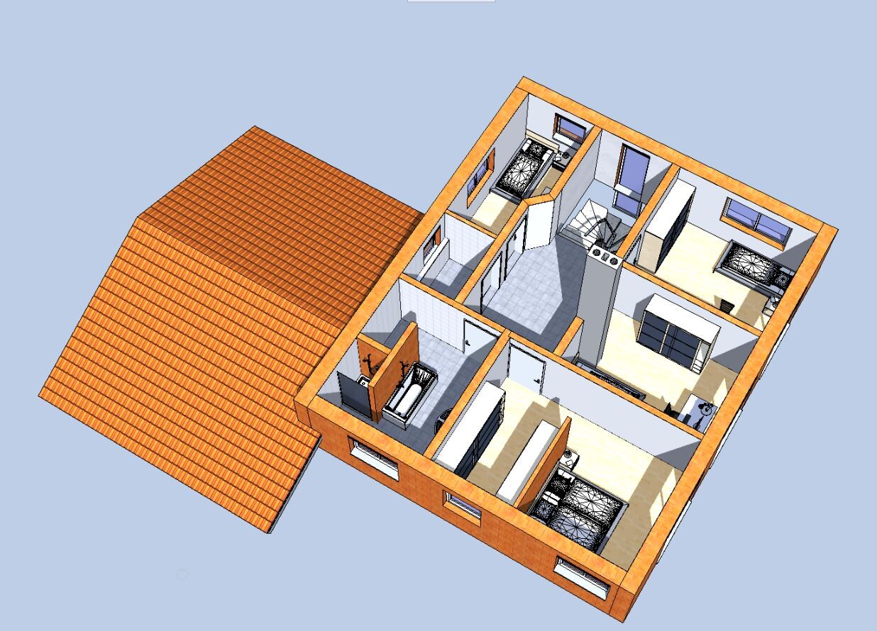 Isometric 3D floor plan of a house with interior rooms and roof