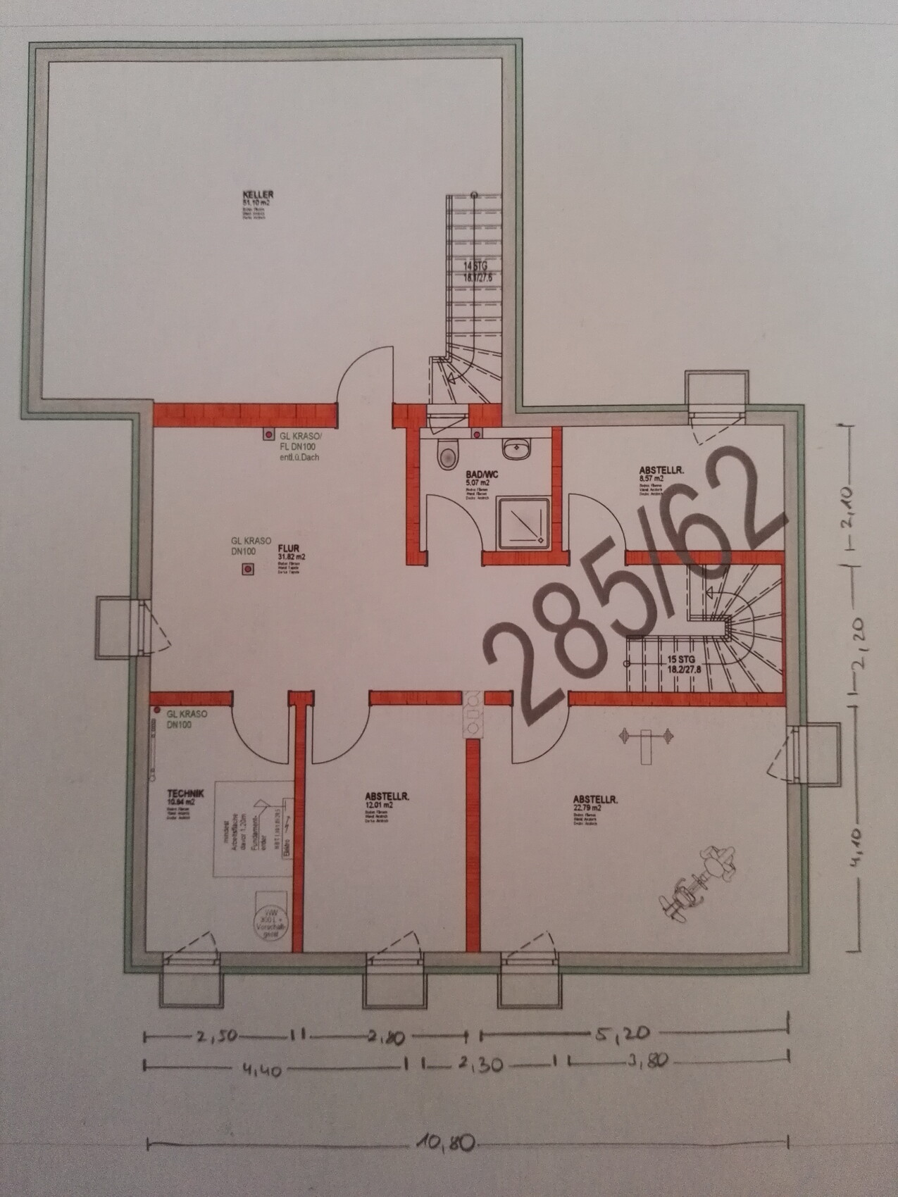 Basement floor plan with corridor, bathroom and storage rooms