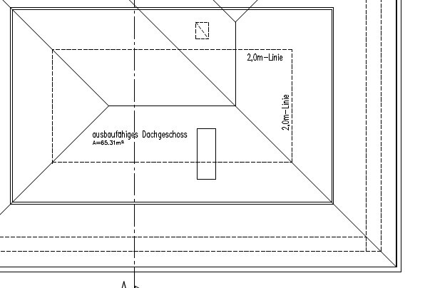 Roof plan of a convertible attic with roof lines and 2.0 m lines