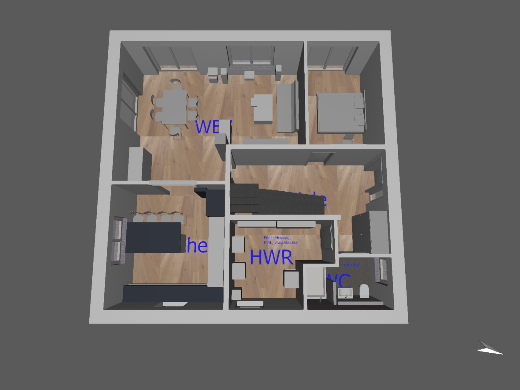 3D-Grundriss einer Wohnung: Esszimmer, Küche, Wohnzimmer, Schlafzimmer, Bad, Flur, Treppe.