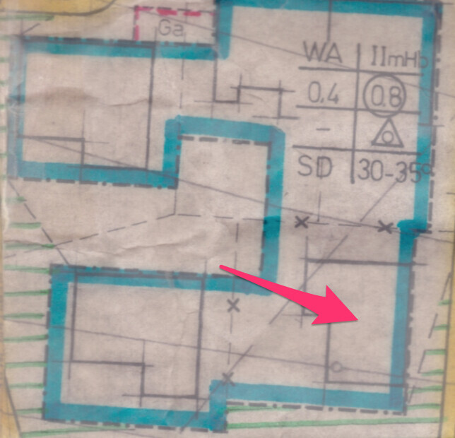 2D floor plan with blue lines, pink arrow marking a room