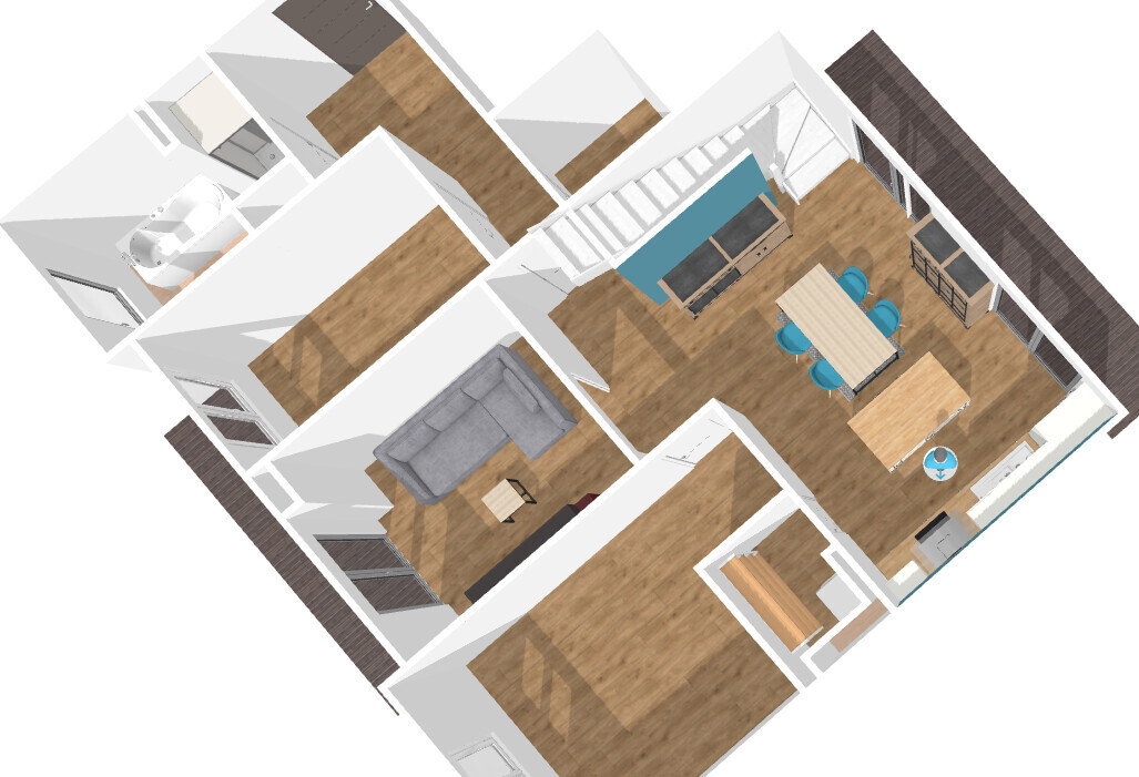 Isometric 3D view of an apartment: living room, dining area, kitchen, stairs, and bathroom.