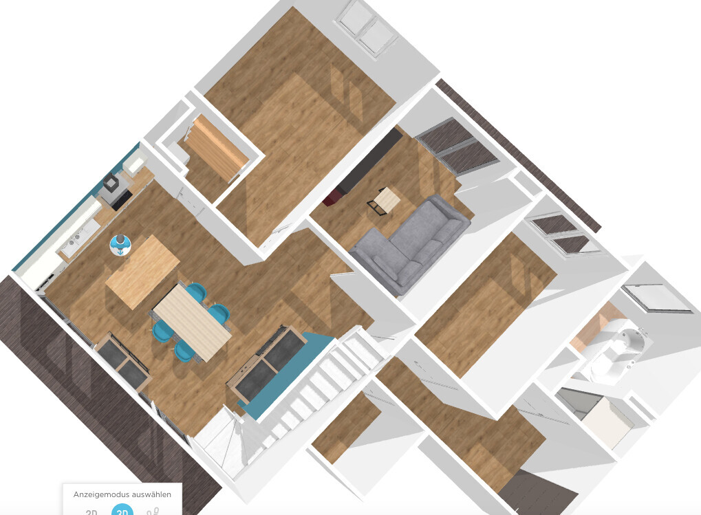 3D view of an apartment: kitchen with dining table, open living room, bedroom, bathroom.