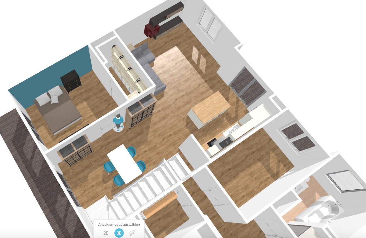 3D-Grundriss einer Wohnung: Schlafzimmer links, offener Wohnbereich, Küche, Bad, Treppe.