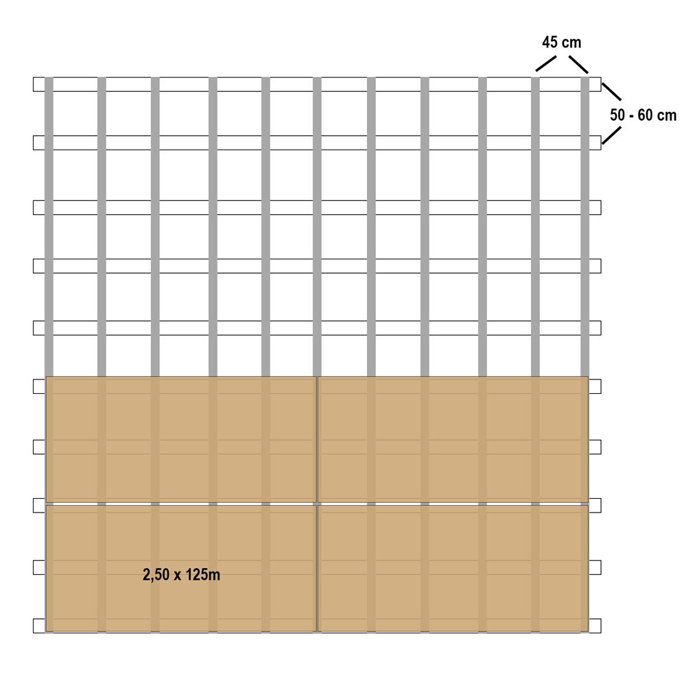 Storage shelf: vertical supports, brown boxes at the bottom, distances 45 cm/50–60 cm