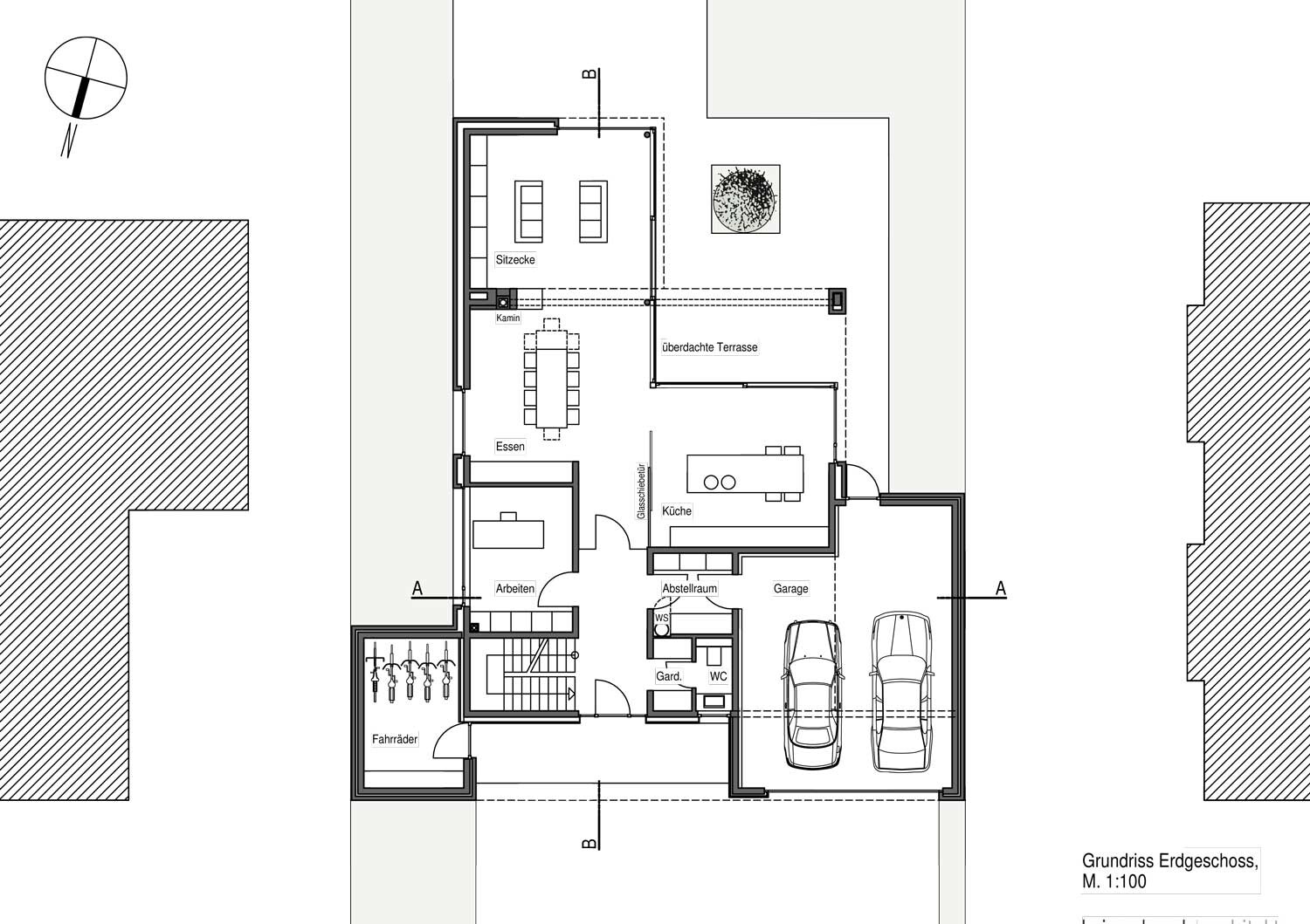 2D ground floor plan: kitchen, dining, living room, garage, terrace