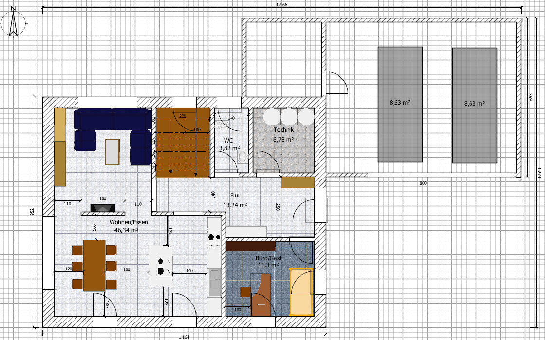 Floor plan of a single-family house with living area, dining room, kitchen, office, hallway, and utility room