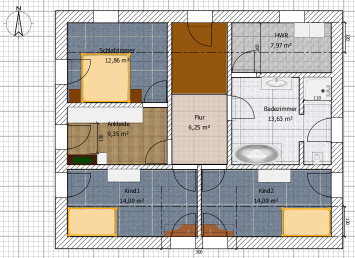 2D house floor plan with bedrooms, bathroom, hallway, dressing room, and children’s rooms
