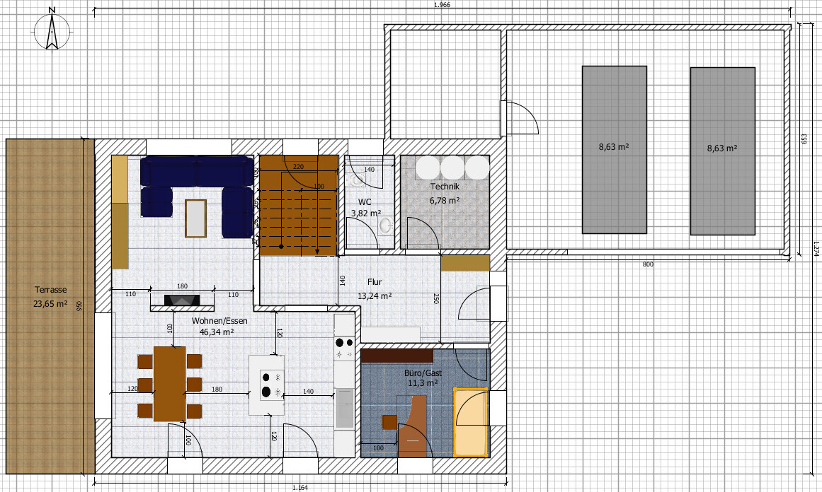 Floor plan of a house with living room, dining area, kitchen, terrace, and utility room