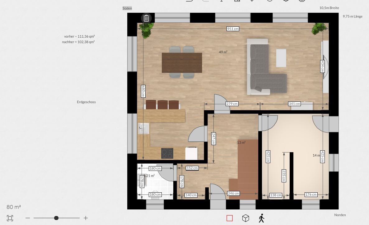 Ground floor plan: open living and dining area, kitchen, bathroom, hallway, and two rooms.