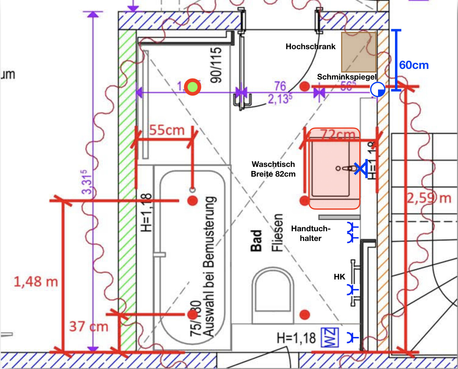 Floor plan of a bathroom with washbasin, toilet, towel rack, makeup mirror, and tall cabinet.