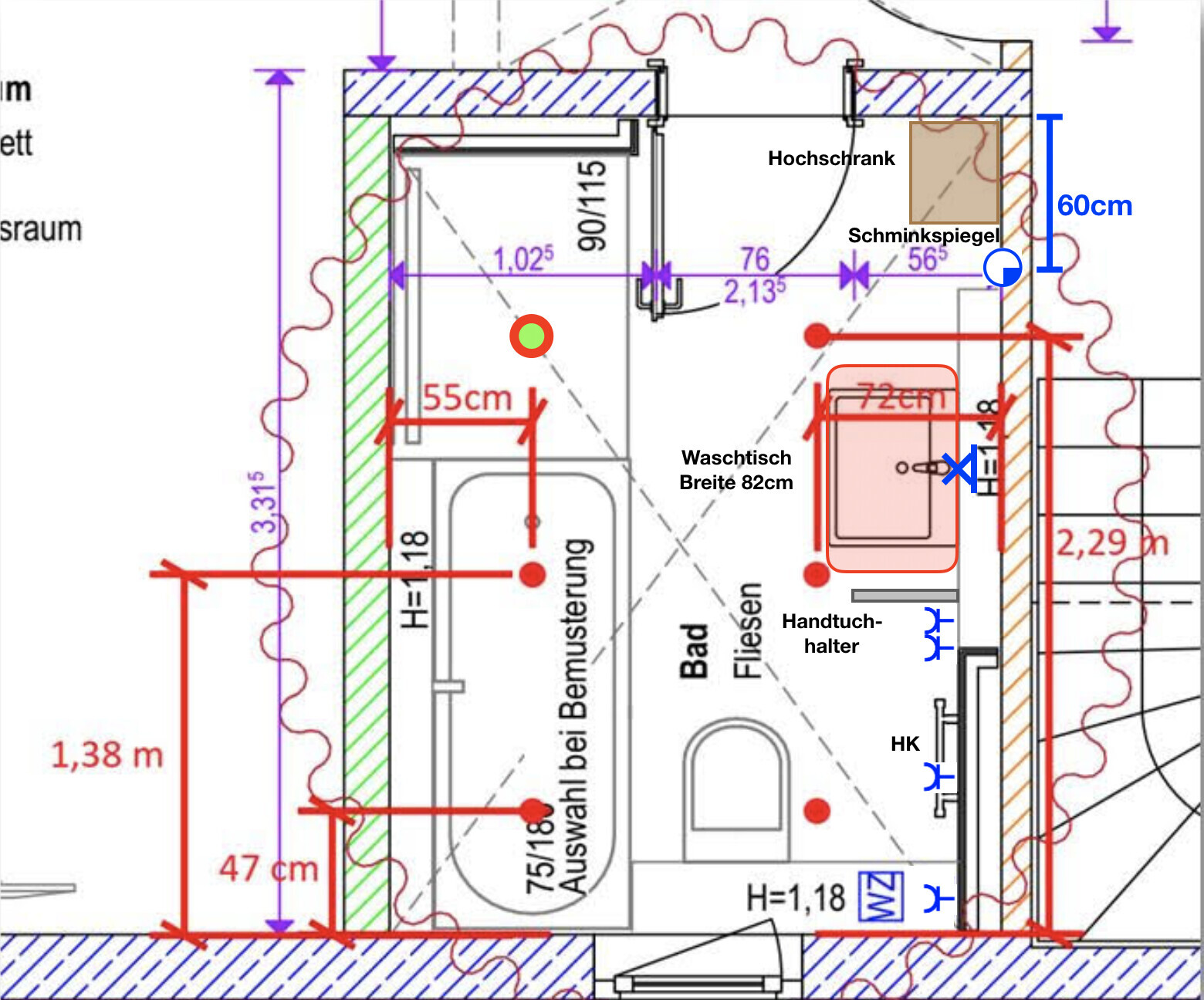 Bathroom floor plan with washbasin (82cm (32 inches)), makeup mirror, tall cabinet, and towel rack.