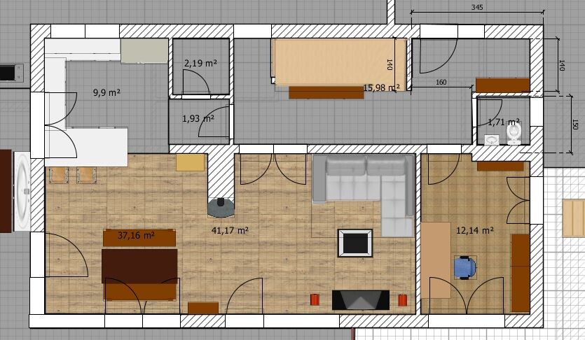 Floor plan of an apartment: living room with sofa, dining table, kitchen, bedroom, bathroom, hallway.