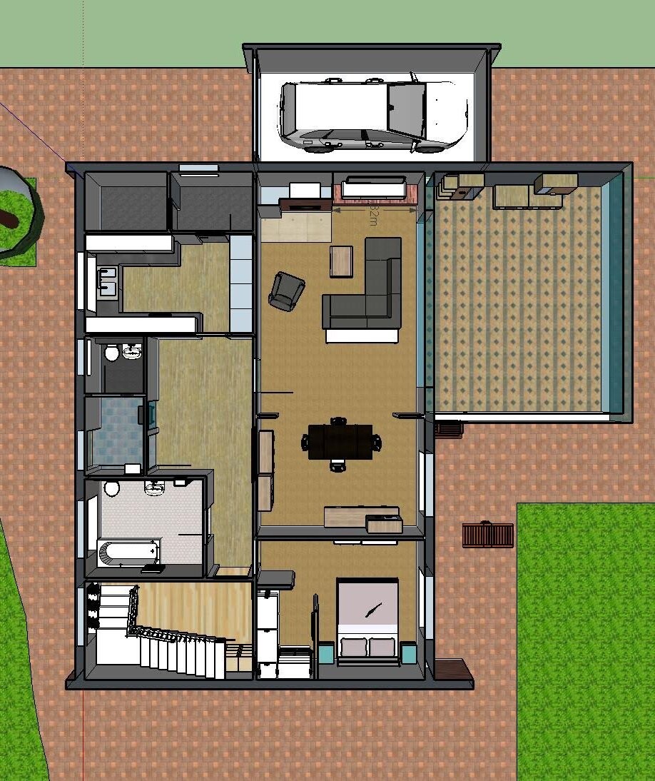 Floor plan of a house with garage, living room, kitchen, bedroom and bathroom.
