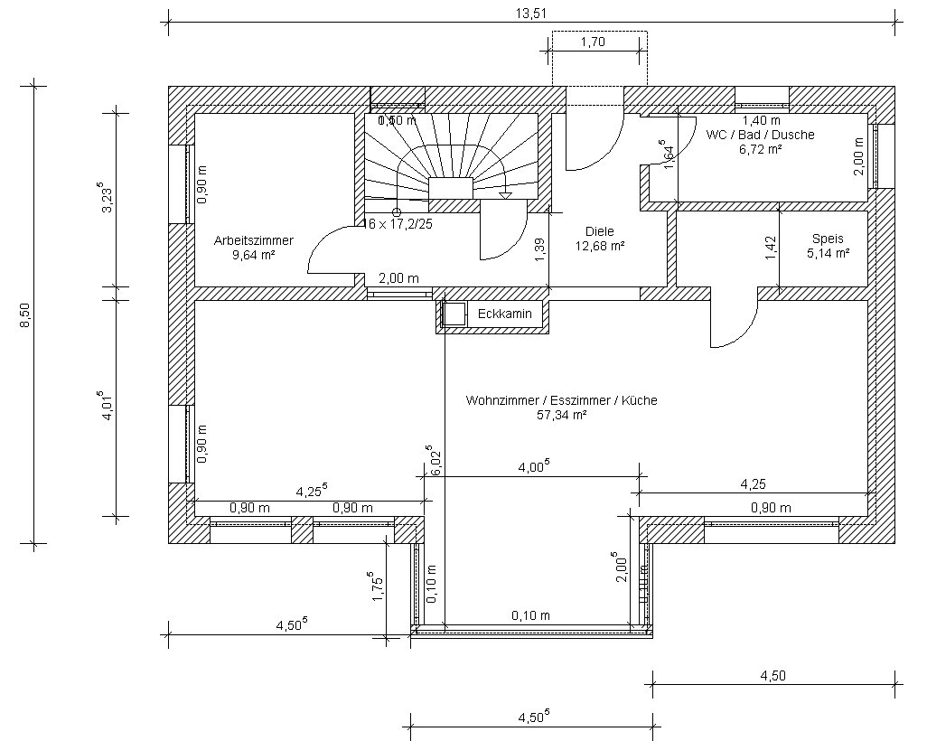 Grundriss eines Hauses: Wohnzimmer, Küche, Diele, Arbeitszimmer, Speis, Bad, Treppe.