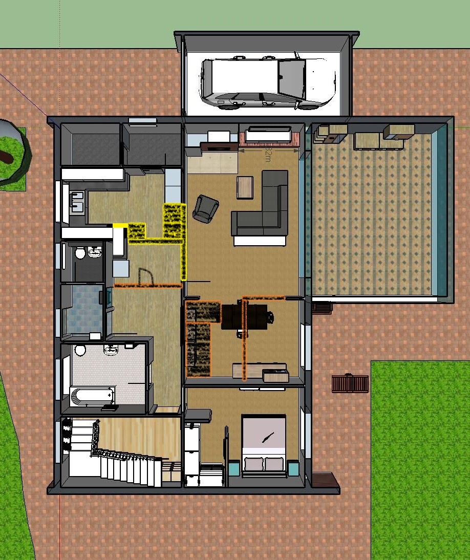 Bird's-eye view of a house floor plan with garage, living room, bedroom, and bathroom.