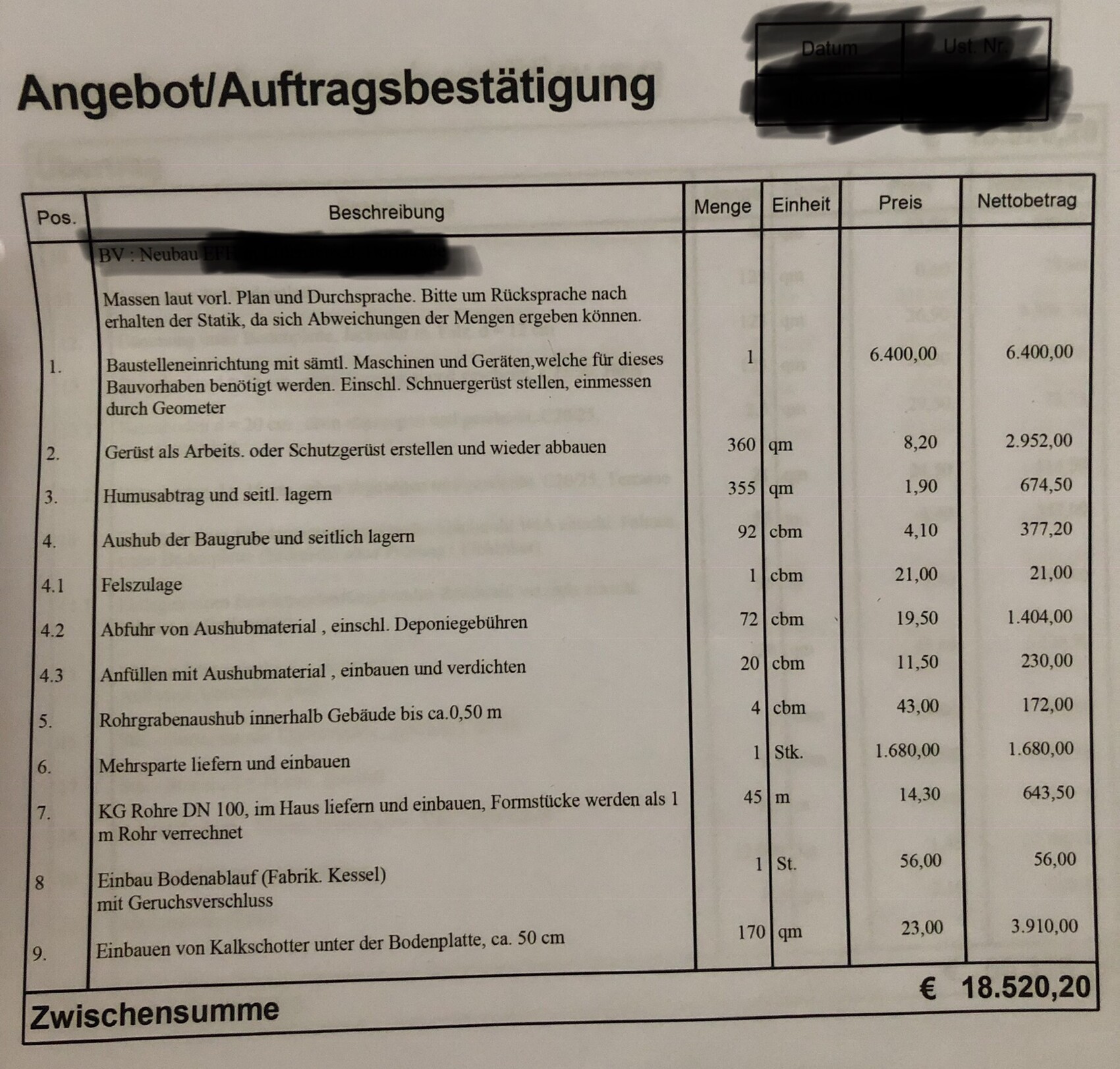 Offenes Bauangebot/Auftragsbestätigung mit Positionsliste, Mengen und Preisen in einer Tabelle