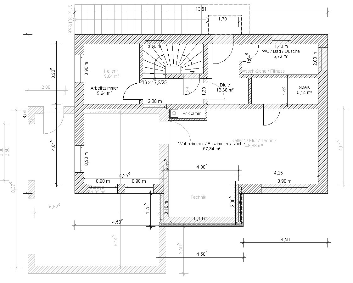 Grundriss eines Hauses: Keller, Arbeitszimmer, Diele, WC/Bad, Speis, Wohnen/Essen/Küche.