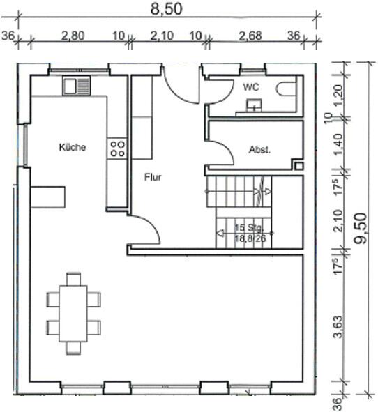 Ground floor plan: kitchen left, hallway center, toilet and storage room right, stairwell, dining area.